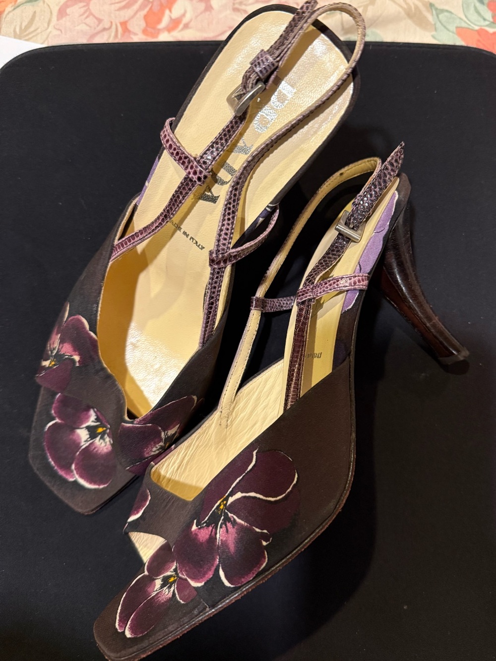 Prada Floral Slingback Mules in Plum and Black